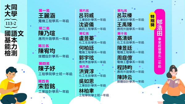 大同大學 113-2 國語文基本能力檢測。得獎名單圖片