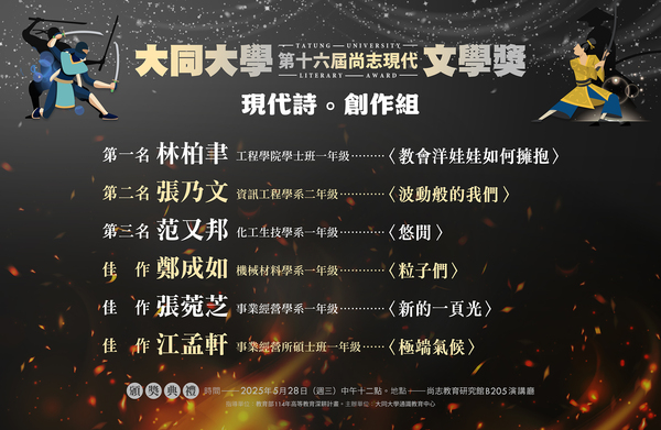 大同大學第十六屆尚志現代文學獎。得獎名單圖片