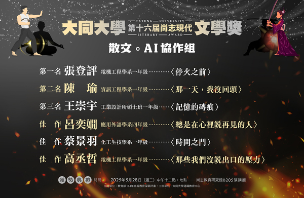 大同大學第十六屆尚志現代文學獎。得獎名單圖片