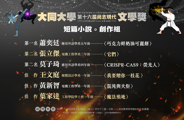 大同大學第十六屆尚志現代文學獎。得獎名單圖片